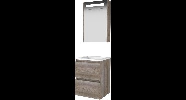 Basic Premium 46 badmeubelset met spiegelkast met geïntegreerde LED verlichting, greeploze wastafelonderkast met 2 lades en acryl wastafel zonder