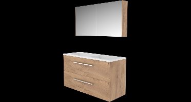 Basic Comfort 46 badmeubelset met spiegelkast, onderkast met 2 lades, grepen en acryl wastafel met 2 kraangaten 120 x 46 cm, whisky oak
