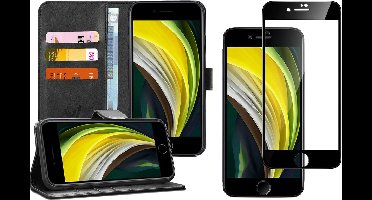 Hoesje geschikt voor iPhone SE 2022 / 2020 / 8 / 7 - Screen Protector FullGuard - Book Case Kunstleer Pasjeshouder Zwart & Screenprotector