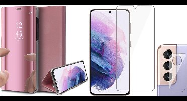 Hoesje geschikt voor Samsung Galaxy S21 FE - Book Case Spiegel Wallet Cover Hoes Roségoud - Tempered Glass Screenprotector - Camera Lens Protector