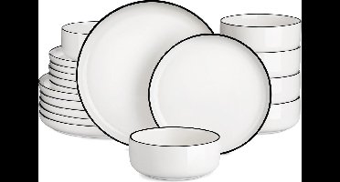 Amalee - Servies set - Keramisch - 18 delig - Vaatwasser en magnetron bestendig - Witte borden met een zwart randje - FDA-gecertificeerd - lood-en cadmium vrij