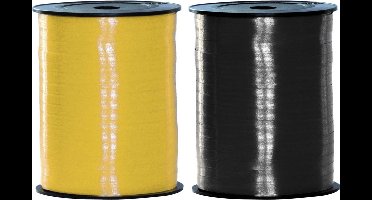Pakket van 2 rollen lint zwart en geel 500 meter x 5 milimeter breed - Feestartikelen en versiering