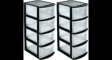 PlasticForte ladeblok - 2x stuks - zwart/transparant - kunststof - L39 x B28,5 x H78 cm - met 4 lades - bureau organizer