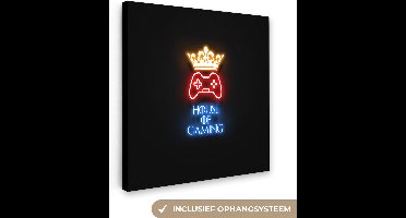 Canvas schilderij 90x90 cm - Wanddecoratie Gaming quotes - Neon - House of gaming - Kroon - Tekst - Muurdecoratie game room - Gaming kamer decoratie - Gameroom accessoires - Schilderijen