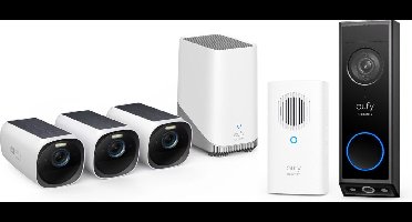 eufy Security - eufyCam 3 Set met 3 camera's met zonnepaneel + eufy E340 2K Draadloze Video Deurbel Inclusief Chime - Accu - Zwart