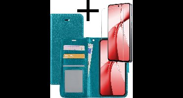 Hoesje - Met Screenprotector - Geschikt voor OnePlus Nord CE4 - Luxe Pasjeshouder - Bookcase Portemonee - Flip Case - Kunstleer Book Case - Flipcase - Book Cover - Walletcase - Portemonneehoes - Turquoise