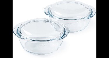 Pyrex - 4 In 1 Ovenschaal Rond met Deksel 2,1 liter Set van 2 Stuks - Transparant - Borosilicaatglas