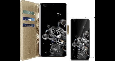 Hoesje geschikt voor Samsung Galaxy S20 Ultra - Screen Protector FlexGuard - Book Case Kunstleer Pasjeshouder Goud & Screenprotector