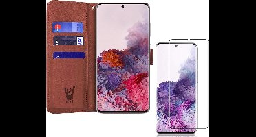 Hoesje geschikt voor Samsung Galaxy S20 - Screen Protector GlassGuard - Book Case Kunstleer Pasjeshouder Bruin & Screenprotector