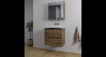 Saniclass Chaci Badkamermeubelset - 60x46x55cm - keramische wastafel zwart - 1 wasbak - zonder kraangat - 2 lades - spiegelkast - noten (hout)