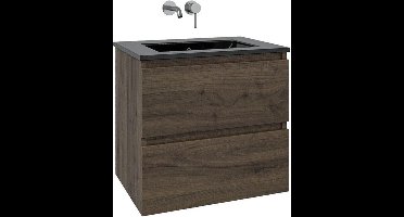 Saniclass Chaci Badkamermeubelset - 80x46x55cm - keramische wastafel zwart - 1 wasbak - zonder kraangat - 2 lades - noten (hout)