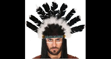 Atosa indianen veren tooi voor heren - zwart/wit - met ornamenten - carnaval/verkleed accessoires - volwassenen