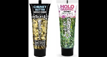 Paintglow Chunky Glittergel voor lichaam en gezicht - 2 tubes - goud en groen - 12 ml