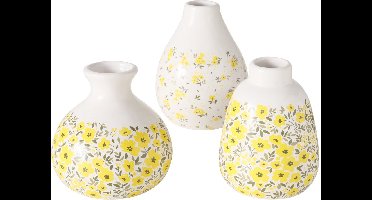 Set van 3 witte keramieken vaasjes met een geel bloemenmotief