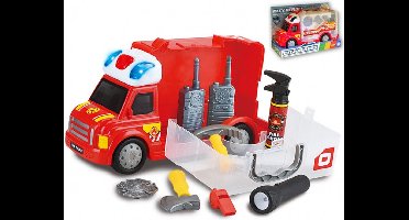 Brandweerauto en Brandweerkoffer 2 in 1 - Tachan - Speelgoedauto met Brandweerspullen - Met Licht en Geluid - 9-Delig - Inclusief Batterijen