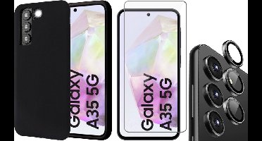 Hoesje geschikt voor Samsung Galaxy A35 - Screenprotector Glas & Camera Protector - Mat Back Case Zwart