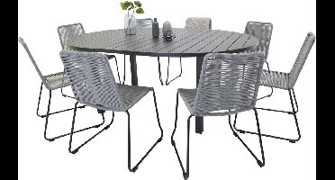 Marbella tuinmeubelset tafel Ø140/190cm zwart, 8 stoelen Lindos grijs.