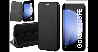 Hoesje geschikt voor Samsung Galaxy S23 FE - Screenprotector Glas - Wallet Book Case Zwart