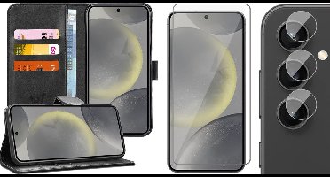 Hoesje geschikt voor Samsung Galaxy S24 - Screenprotector Glas & Camera - Portemonnee Book Case Zwart