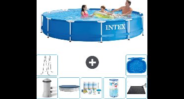 Intex Rond Frame Zwembad - 366 x 76 cm - Blauw - Inclusief Pomp Afdekzeil - Onderhoudspakket - Filter - Solar Mat - Ladder - Voetenbad