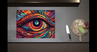 Inductieplaat Beschermer - Blauw Oog op Kleurrijk Gezicht - 71x52 cm - 2 mm Dik - Inductie Beschermer - Bescherming Inductiekookplaat - Kookplaat Beschermer van Wit Vinyl