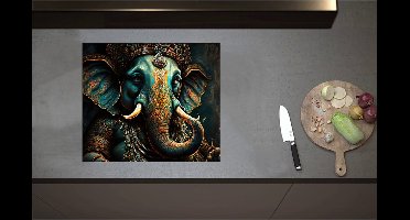 Inductieplaat Beschermer - Blauw Ganesha Beeld met Gouden Details - 60x52 cm - 2 mm Dik - Inductie Beschermer - Bescherming Inductiekookplaat - Kookplaat Beschermer van Wit Vinyl