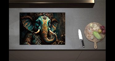 Inductieplaat Beschermer - Blauw Ganesha Beeld met Gouden Details - 71x51 cm - 2 mm Dik - Inductie Beschermer - Bescherming Inductiekookplaat - Kookplaat Beschermer van Wit Vinyl