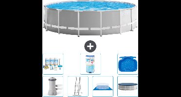 Intex Rond Prism Frame Zwembad - 457 x 122 cm - Grijs - Inclusief Pomp - Ladder - Grondzeil - Afdekzeil Onderhoudspakket - Filter - Voetenbad
