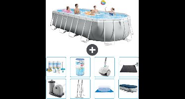 Intex Ovaal Prism Frame Zwembad - 610 x 305 x 122 cm - Grijs - Inclusief Pomp - Ladder - Grondzeil - Afdekzeil Onderhoudspakket - Filter - Stofzuiger - Solar Mat
