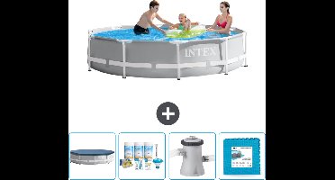 Intex Rond Prism Frame Zwembad - 305 x 76 cm - Grijs - Inclusief Afdekzeil - Onderhoudspakket - Zwembadfilterpomp - Vloertegels