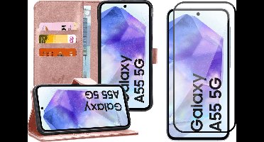 Hoesje geschikt voor Samsung Galaxy A55 - Screenprotector Volledig Dekkend Glas - Portemonnee Book Case Rosegoud