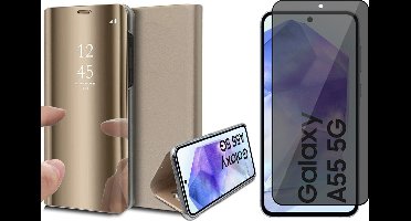Hoesje geschikt voor Samsung Galaxy A55 - Privacy Screenprotector Volledig Dekkend Glas - Spiegel Book Case Goud