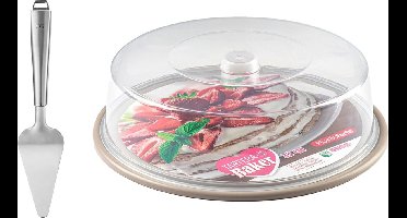 Plasticforte Taart/gebakjes bewaardoos - rond - taupe bodem - met taartschep rvs 27 cm