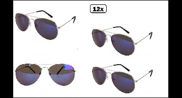 12x Bril luxe spiegelglas blauw glas - Police - Piloot - Race - piloot race politie usa bril carnaval thema feest party stoer macho festival