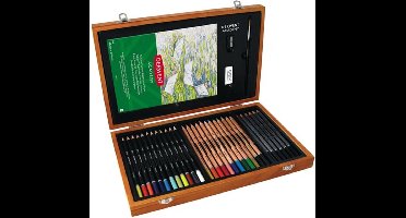 DERWENT professionele schets en tekenset | Schetspotloden - houtskool - Kleurpotloden | Verpakt in hout | 35 delig