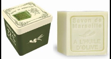 Metalen zeepblik vierkant met opdruk Savon de Marseille vert met blokzeep olijfolie – Vintage voorraadblik – Franse handzeep – Marseille zeep Marseillezeep