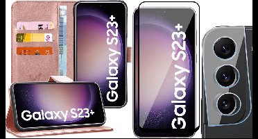 Hoesje geschikt voor Samsung Galaxy S23 Plus - Screenprotector FullGuard & Camera Lens Screen Protector - Book Case Kunstleer Pasjeshouder Roségoud