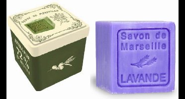 Metalen zeepblik vierkant met opdruk Savon de Marseille vert met zeepblok Lavendel – Vintage voorraadblik – Franse handzeep – Marseille zeep Marseillezeep