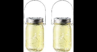 2x stuks solar lamp pot met deksel geel glas 14 cm - Tuinverlichting Party/feestverlichting