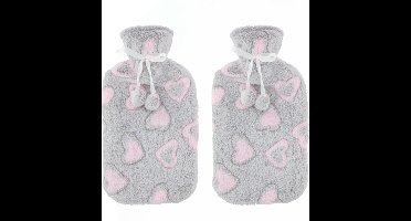 Warmwaterkruik - 2x - 2L - grijs/roze - met hoes - kruik - hartjes print - bedkruik