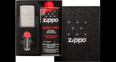 Zippo Brushed Chrome Aansteker, Benzine en Flints Gift Set
