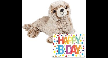 Ravensden Verjaardag cadeau Zeehond pup 23 cm en Happy Birthday wenskaart