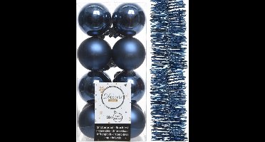Decoris kerstballen 4 cm en slinger 17x st - donkerblauw - kunststof