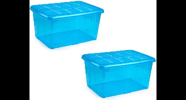 Plasticforte opslagbak organizers met deksel - 3x - transparant/blauw - 60 liter - kunststof