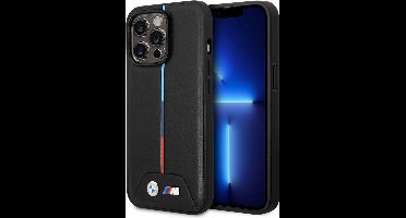 BMW M Tricolor Vertical Stripe Leather Back Cover - Geschikt voor Apple iPhone 14 Pro (6.1") - Zwart