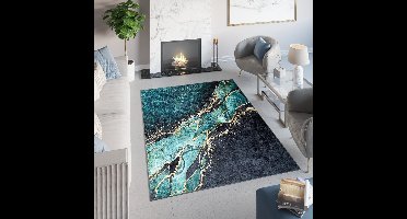 Tapiso Toscana Vloerkleed Abstract Donker Groen Gouden Tapijt Maat- 80x150