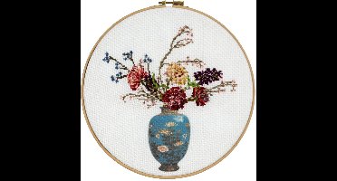 Pako Borduurpakket - telpatroon met code kaart- oude Japanse vaas met bloemen - 280.020 - voorgesorteerd garen -Jobelan gedeeltelijk geprint - 25 cm Rond - DIY kit