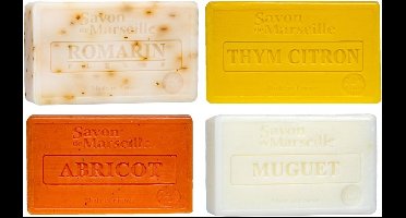 Set Marseille zeep 4x100 gram in geuren roosmarijn-thym citroen- abrikoos- lelietjes van dalen