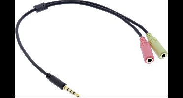 3,5mm 4-polig > 2x 3,5mm headset adapter (CTIA/AHJ) / verguld - zwart - 1 meter