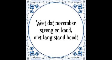 Tegeltje met Spreuk (Tegeltjeswijsheid): Weet dat november streng en koud, niet lang stand houdt + Kado verpakking & Plakhanger